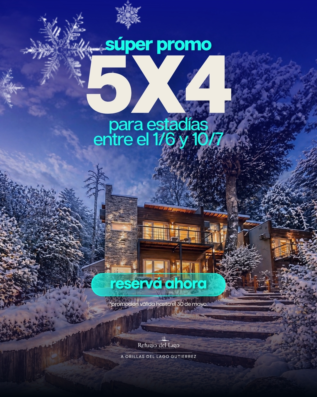¡ULTIMOS DIAS!
Un día más para despertarte con vista al lago
Un día más para volver del frío y descansar
Un día más para bajar un cambio
Eso es esta promo.
5 noches al precio de 4.
💬 Reservá antes del 30 de mayo