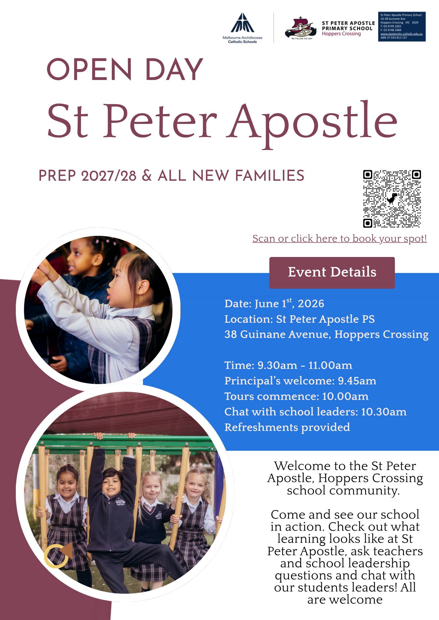 ***Attention Prep Families 2027 & 2028, AND all new families. ***
We will be hosting a school open day on Monday the 1st of June 2026 from 9.30am - 11.00am.
Join our school leaders and to see our classrooms in actions!
Register your attendance by clicking the link below.
https://app.enquirytracker.net/webforms/event-registration/061c6f01-edc4-4edc-ba36-57a39b05ba0b?eventId=1045618