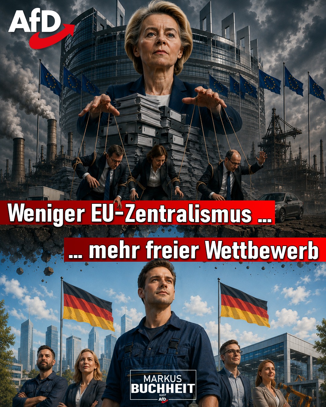 Von der Leyen, die Union und ihre Verbündeten von der SPD stehen für mehr Bürokratie, noch mehr Regulierung und wachsenden Druck auf unsere Industrie.
Während deutsche Fabriken kämpfen, Energiepreise steigen und Unternehmen unser Land und die EU verlassen, baut Brüssel seine eigene Macht weiter aus — statt unsere wirtschaftliche Stärke zu schützen.
Ihr Plan ist simpel: weniger Souveränität für die Nationen, mehr Kontrolle aus Brüssel.
Unser Plan? Deutsche Wettbewerbsfähigkeit wiederherstellen. Gesunder Menschenverstand!