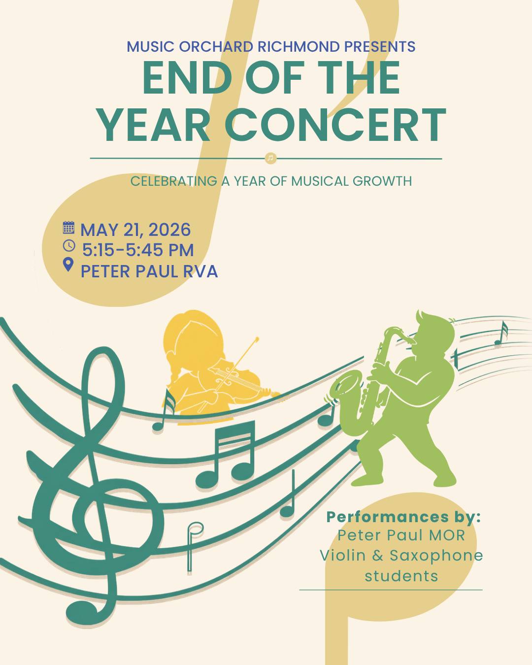 Join us at Peter Paul RVA for a special end-of-the-year concert with Music Orchard Richmond (@music.orchard.richmond)! Come celebrate the hard work and talent of our students as they take the stage with performances on violin and saxophone. 🎻🎷
📅 May 21, 2026
⏰ 5:15–5:45 PM
📍 Peter Paul RVA
Bring your family and friends and help us cheer on these incredible young musicians!
#MusicOrchardRVA #YouthArts #StudentShowcase #LiveMusicRVA #RichmondEvents #CommunityMusic #YouthTalent #ArtsEducation #PeterPaulRVA