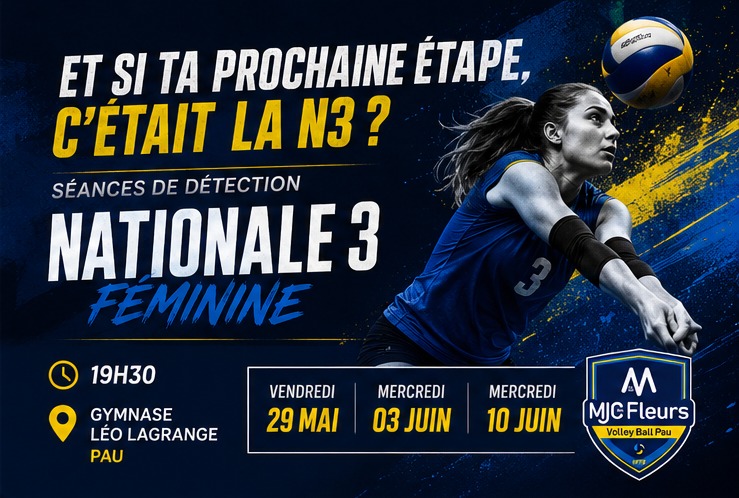 ⚠️ Essais pour intégrer la Nationale 3 Féminine ⚠️
🖊️Inscription nécessaire : mjcfleursvolley@gmail.com