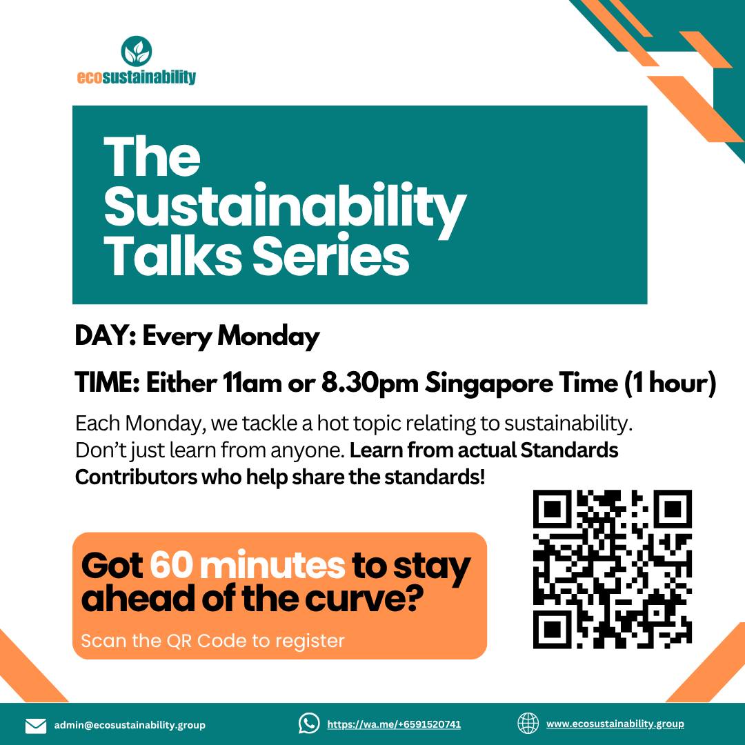 The Sustainability Talks Series wraps in two weeks. Free. 60 minutes.
Here's what's left:
📅 Mon, 15 Jun 2026 — Sustainability as a Driver of Business Advantage
⏰ 11AM Singapore Time Teng Low on how sustainability has quietly become a cost-of-capital lever, a procurement gate, and a talent filter, and what most companies still miss.
📅 Mon, 22 Jun 2026 — Malaysia National Sustainability Reporting Framework ⏰ 8:30PM Singapore Time Hoo Heng Heng on Bursa Malaysia's NSRF, what it requires now, and which suppliers feel it next.
If sustainability touches your work — finance, ESG, policy, strategy, or just the boardroom conversation that keeps resurfacing — these are the cleanest 60 minutes you'll spend on a Monday.
💸 All free
🔗 Register to get your Zoom link: https://forms.gle/UzKab4ic6Y75DDt19
Pick one. Pick both. Same form.