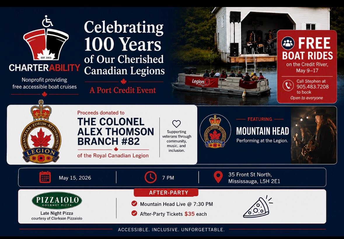A heartfelt THANK YOU to Stephen Cull and CharterAbility for an incredible week of free accessible pontoon boat rides on the Credit River in celebration of 100 years of our cherished Canadian Legions. 🇨🇦⚓
Your generosity, compassion, and commitment to inclusion brought smiles, laughter, and unforgettable memories to so many people in our community. Watching families & guests of all abilities enjoy the river together from our deck, was truly special.
We are deeply grateful that proceeds from this amazing Port Credit event were donated to The Colonel Alex Thomson Branch #82 of the Royal Canadian Legion. Your support helps us continue serving veterans and our community through fellowship, music, remembrance, and inclusion.
Thank you as well to everyone who attended, volunteered, performed ( thank you Mountain Head!!), supported the after-party, and helped make this event such a tremendous success.
CharterAbility’s mission of accessible experiences for everyone perfectly reflects the spirit of community that our Legion stands for.
THANK YOU, Stephen Cull, your incredible team of
Volunteers and CharterAbility, for helping us celebrate our Legion’s legacy in such a meaningful and unforgettable way. ❤️
Steve Lawrence and I (Anne) were honoured you chose our Legion to be part of this memorable event.
#CharterAbility #RoyalCanadianLegion #Branch82 #PortCredit #AccessibleForAll #Community #Veterans #Inclusion #CreditRiver