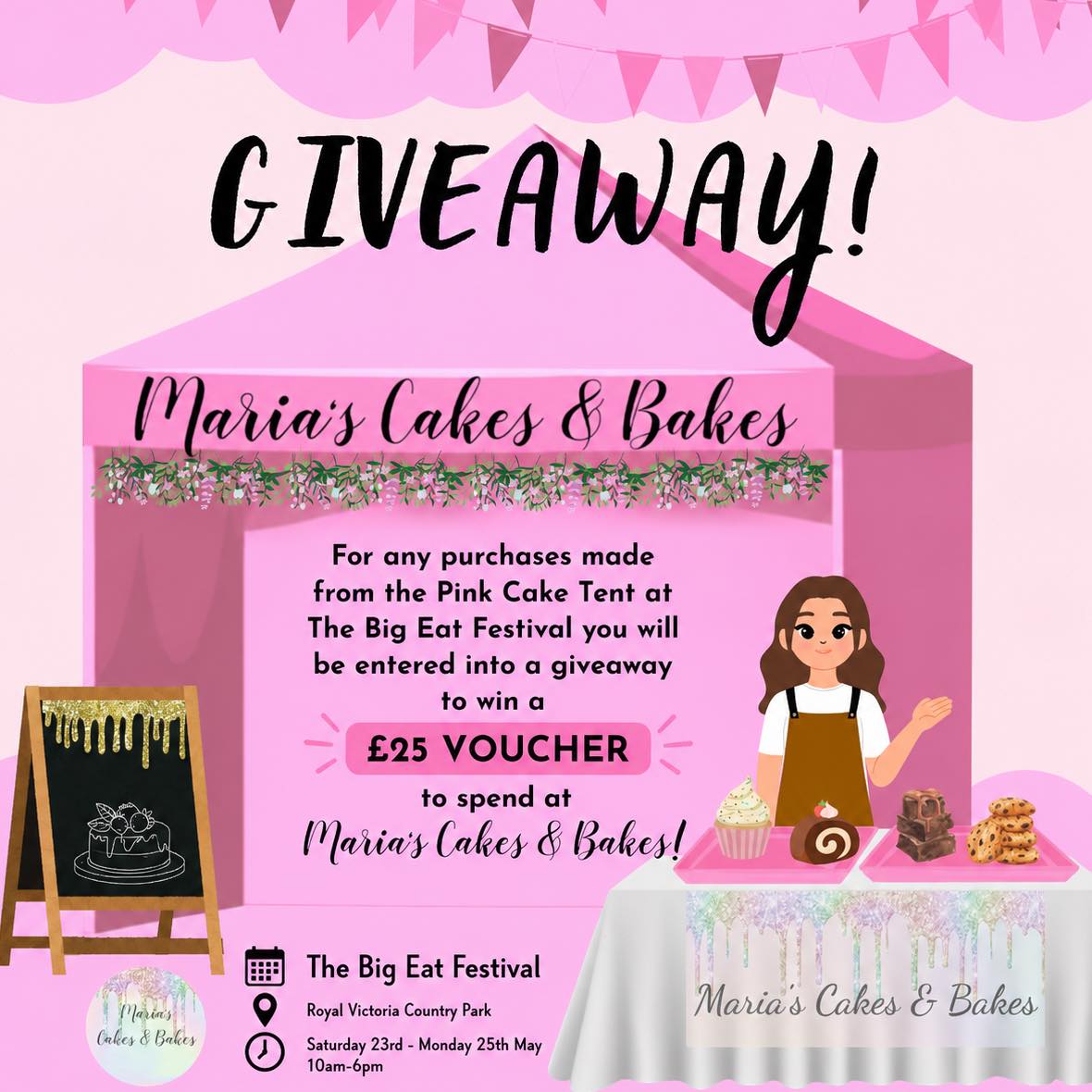 🎉 GIVEAWAY TIME 🎉
We’re so excited to be bringing The Pink Cake Tent to The Big Eat Festival 💕🧁
For EVERY purchase made at The Pink Cake Tent during the festival, you’ll be entered into a giveaway to WIN a £25 voucher to spend at Maria’s Cakes & Bakes! 🍰✨
📍 The Big Eat Festival
📍 Royal Victoria Country Park
📅 Saturday 23rd – Monday 25th May
⏰ 10am–6pm
✨ Giveaway Rules ✨
• Any purchase qualifies as one entry
• One entry per person only
• Names and phone numbers are required for entries to be valid and contactable
• Winner will be drawn at random on Monday 25th May at 8pm
• Winner will be announced on social media and contacted via text immediately after the draw
• Voucher has no cash value
• Voucher expires 30th November 2026
• Voucher can be used for custom orders and future events at The Pink Cake Tent
• Voucher is not valid for The Pink Cake Shed
We can’t wait to see you there for cakes, brownies, cookies and so many sweet treats 💖
#MariasCakesAndBakes #PinkCakeTent #GiveawayUK #CakeGiveaway #TheBigEatFestival #SouthamptonEvents #HampshireEvents #RoyalVictoriaCountryPark #CakeLover #SweetTreats #SupportSmallBusiness #BakerLife #FestivalFood #CupcakeLove #DessertTable
