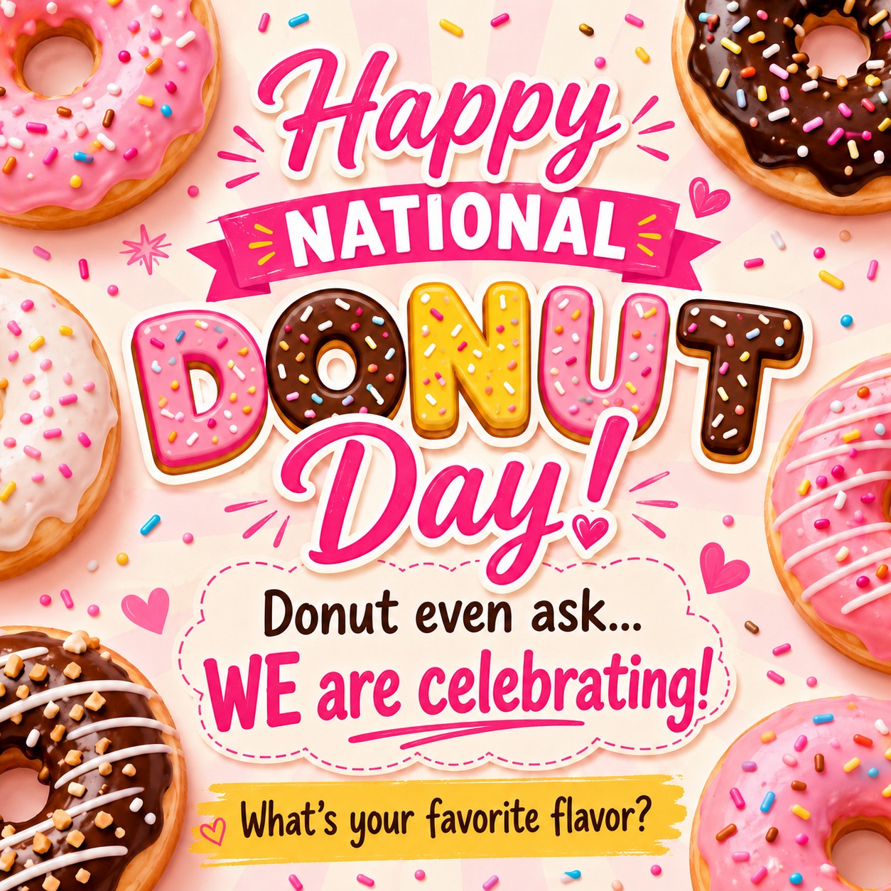 Happy National Donut Day! 🍩
A balanced diet is a donut in each hand… and honestly, who are we to argue with balance?
Glazed, sprinkled, filled, frosted... today we support them all equally.
Now the real question is: what donut are you picking first? 👀