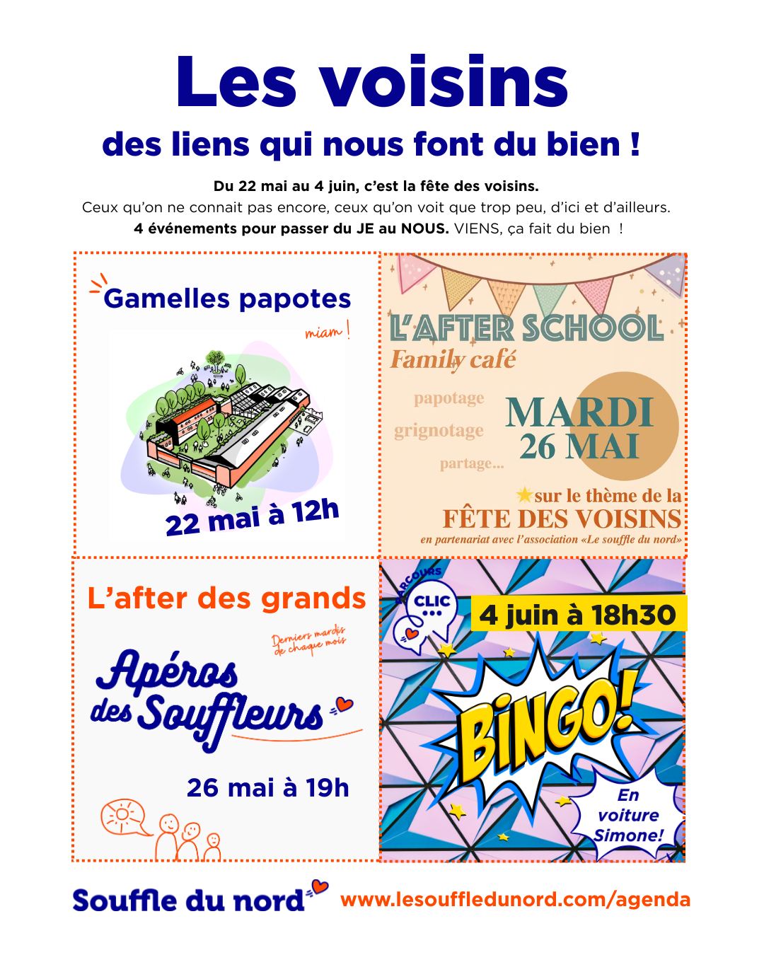Et si on rencontrait vraiment nos voisins ?
Ceux que l'on croise tous les jours, mais qu'on ne connaît pas vraiment.
Nous partageons un quartier, un territoire, mais aussi tellement plus !
Profitons de ce mois de fête des voisins pour passer du JE au NOUS, parce que le lien et le faire ensemble sont nécessaires à un territoire plus uni 🙌
Alors viens rencontrer tes voisins d'ici et d'ailleurs à l'occasion de plein de moments conviviaux :
🍕 Gamelles papote pour partager un repas avec des inconnus
🎈 Afterschool avec des crêpes et des jeux pour se rencontrer après l'école
🍻 Apéro des souffleurs pour découvrir ses voisins et tous les projets qui vivent autour de nous !
🎉 Soirée bingo, où tu gagnes bien mieux qu'une cafetière que tu ne vas jamais utiliser. Une soirée pour relier les envies aux besoins du territoire !
Les évènements sont gratuits mais riches en rencontres et en changements de regards 🤩
Rendez-vous sur le site web pour t'inscrire (lien en bio)
Ça se passe au 220 rue Jean Jaurès à Villeneuve d'Ascq !