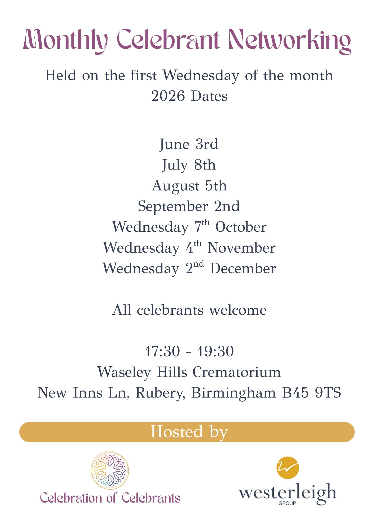 Celebrant Networking at Waseley Hills Crematorium
Open to all celebrants, whichever ceremonies you deliver.
17:30 - 19:30 every first Wednesday of the month. Free
Book via Eventbrite, or message 07305 531 610
This networking event brings celebrants together in a warm, welcoming, and inclusive environment where you can meet like-minded people who understand the work you do.
#celebrantevent
#celebrantsupport
#celebrantsrock