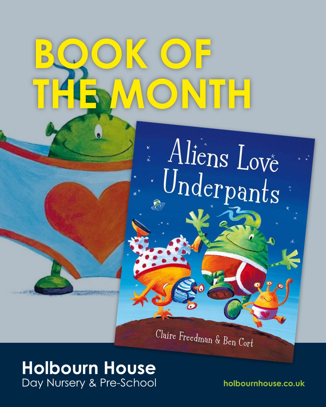 📚 Book of the Month: Aliens Love Underpants📚
This book is a fun, lighthearted story about a cheeky alien visitor to earth whose sole purpose is to steal our underpants! 🛸
The rhyming story and comical situations make this book so much fun to read to children. It sparks their imaginations and can start conversations about favourite things, preferences, missing items and even privacy and consent.
#BookOfTheMonth #AliensLoveUnderpants #EarlyYears #ReadingMagic #ChildrensBooks