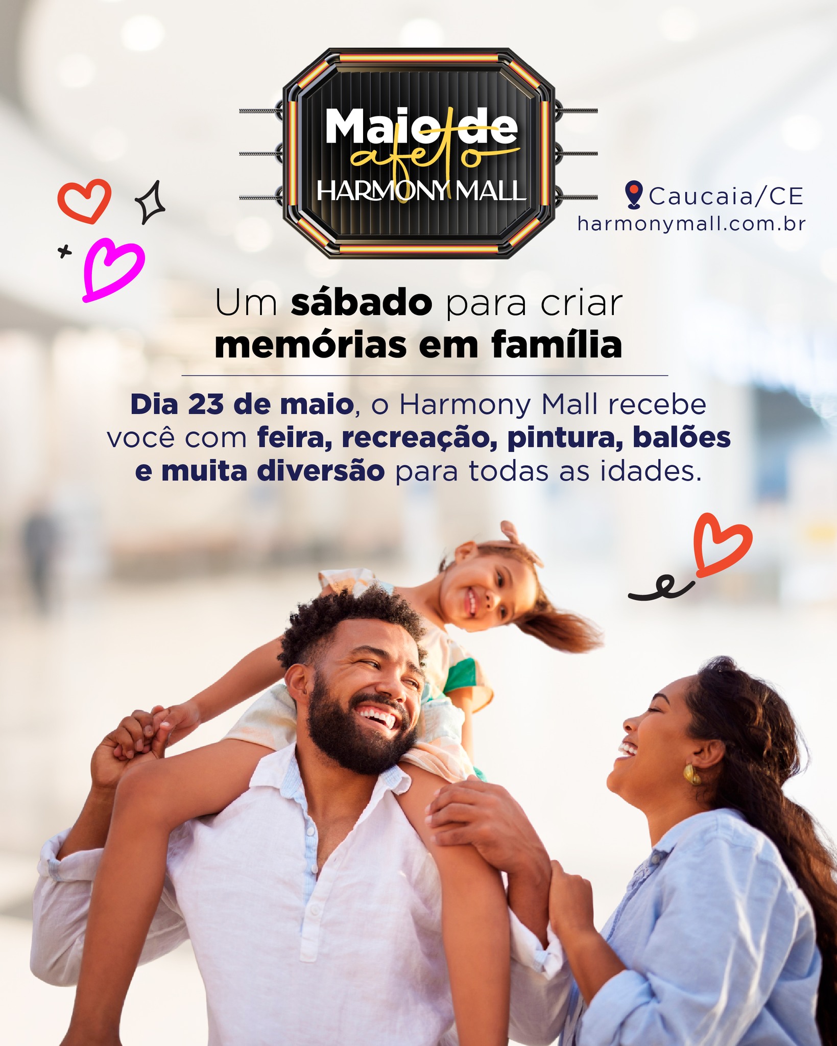 🎈💛 Sábado é dia de viver momentos em família no Harmony Mall!
No dia 23/05, preparamos um dia especial para você curtir com quem mais importa. Vai ter feirinha, mini stands, além de muita diversão para a criançada com recreação, balões e pintura. 🎨
Um ambiente leve, seguro e cheio de atividades para transformar o seu sábado em um momento inesquecível.
Traga a família e venha aproveitar um dia diferente com a gente!