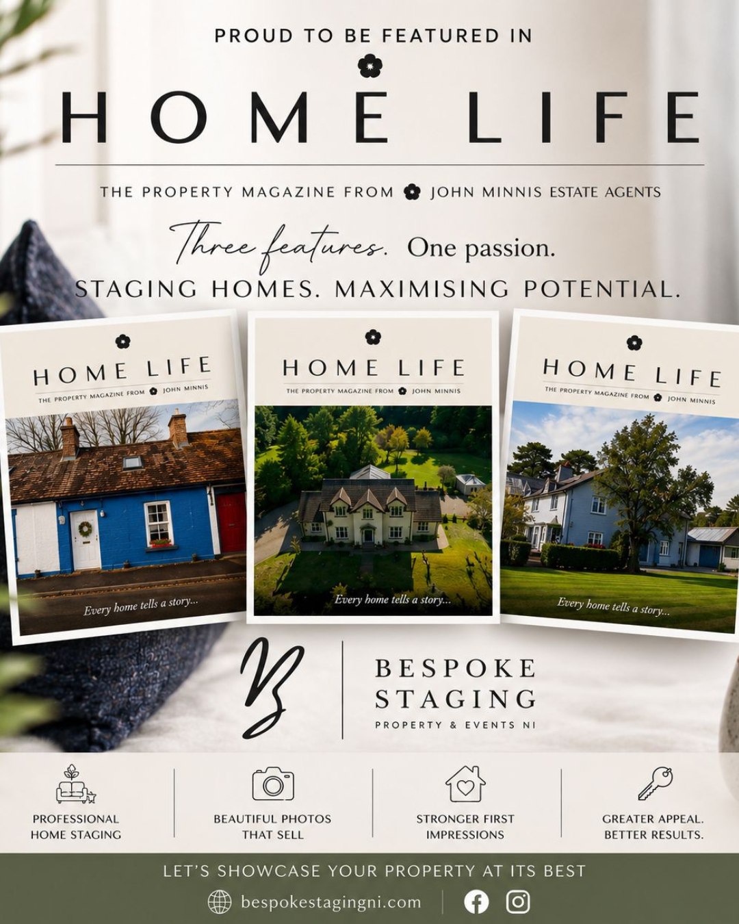 Huge thanks to @johnminnisestateagents for featuring us in not one, not two, but three of their magazines.
It's always a pleasure working with agents who genuinely see the art in staging—who understand it's not just about filling rooms, but about creating connection, clarity, and that emotional pull that turns viewings into offers.
If you're thinking about selling and want to know more about how staging works (and why it matters), John Minnis have written a brilliant piece on it:
🔗 How to Stage Your Home for a Quick Sale and Profit
And if you're ready to stage your property with someone who's passionate about getting it right?
📩 Contact us to bring your space to life.
www.Bespokestagingni.com
#RealEstateNI #NorthernIrelandHomes #NorthernIrelandBusiness #StyledToSell #JohnMinnis #propertypal