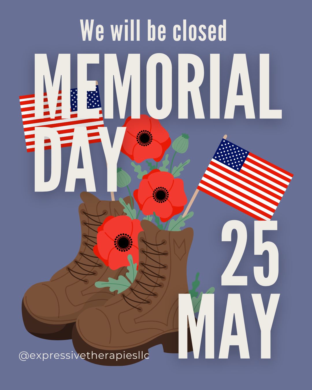In observance of Memorial Day, we will be closed this Monday, May 25th. If you would like to reschedule your or your child's appointment, please reach out to our scheduling department via phone call or email.
#expressivetherapiesllc #MemorialDay2026