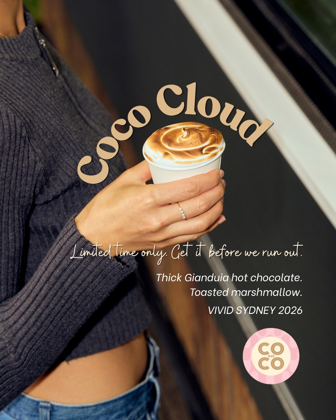 Hot chocolate season is HERE and we came prepared. ☁️🔥
Introducing the Coco Cloud — Gianduia hot chocolate, toasted marshmallow, blowtorched to order.
Limited time only. Limited stock every night. Don't sleep on this. 💖
📍 Tumbalong Park, Darling Harbour
🗓️ 22 May – 13 June 2026
Vivid Sydney 2026 — come find us before we run out.