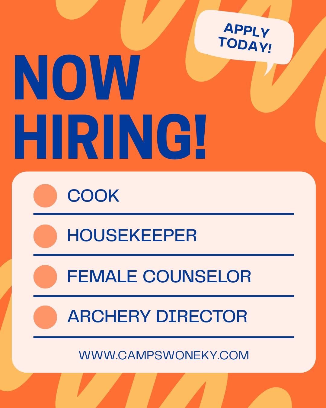 We’re still hiring for summer staff at Camp Swoneky and looking for a few amazing people to join our team! ☀️🏹🌲
We are currently looking for:
• Archery Director
• Female Counselors
• Cook
• Housekeeper
If you love working with kids, building community, and being part of a Christ-centered summer full of fun, growth, and impact, we’d love to connect with you!
This is more than a summer job — it’s a chance to make a difference, build lifelong friendships, and be part of something meaningful.
📍 The Salvation Army Camp SWONEKY
📩 Message us for details or to apply!
Please share with anyone who may be interested ❤️