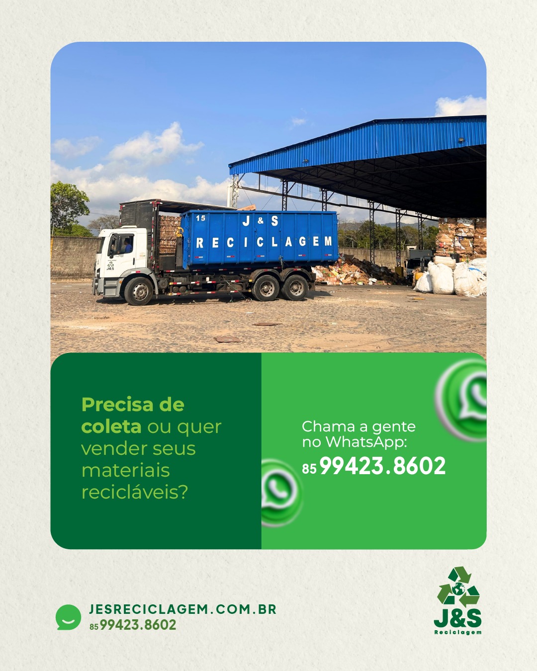 Precisa de coleta ou quer vender seus materiais recicláveis?
Nosso atendimento via WhatsApp é rápido, prático e eficiente ✔️
Tire dúvidas, solicite informações e fale diretamente com nossa equipe.
Estamos prontos para atender sua empresa com agilidade 🚛♻️
🌐 www.jesreciclagem.com.br
📞 85 99423-8602
#WhatsApp #Atendimento #Reciclagem