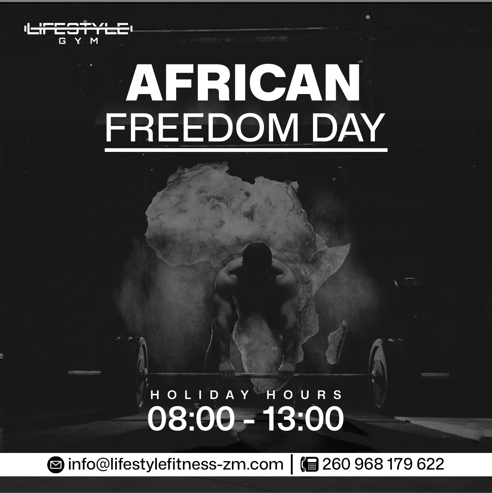 Lifestyle Gym will be open on 25th May 2026 from 08:00 to 13:00 to keep you moving and motivated during the holiday.
Stay active. Stay strong. Happy African Freedom Day! 🔥
#LifestyleGymZM #AfricanFreedomDay #StayActive #FitnessLifestyle #GymLife #HolidayHours #StrengthAndUnity #FitnessJourney #HealthyLiving
