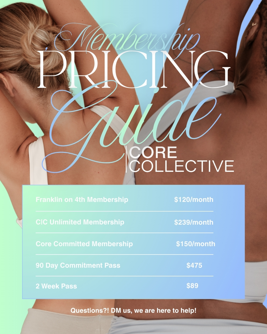 This summer calls for a fresh start. 🩵
Core Collective memberships are available now. Try us for two weeks, dive into unlimited access at both locations, make Lagree your newest obsession, or find your new go-to studio downtown at our Franklin on 4th location.
If you’ve been waiting for the “right time”… this is it. Become a Core Collective member today. Now through June 15th, save $75 month 1 with code: CC2026
*Memberships have a 6-month initial commitment.
Not ready to commit?! Come see what we're all about with our 2-week class pass; the ultimate way to meet our class styles and coaching team!