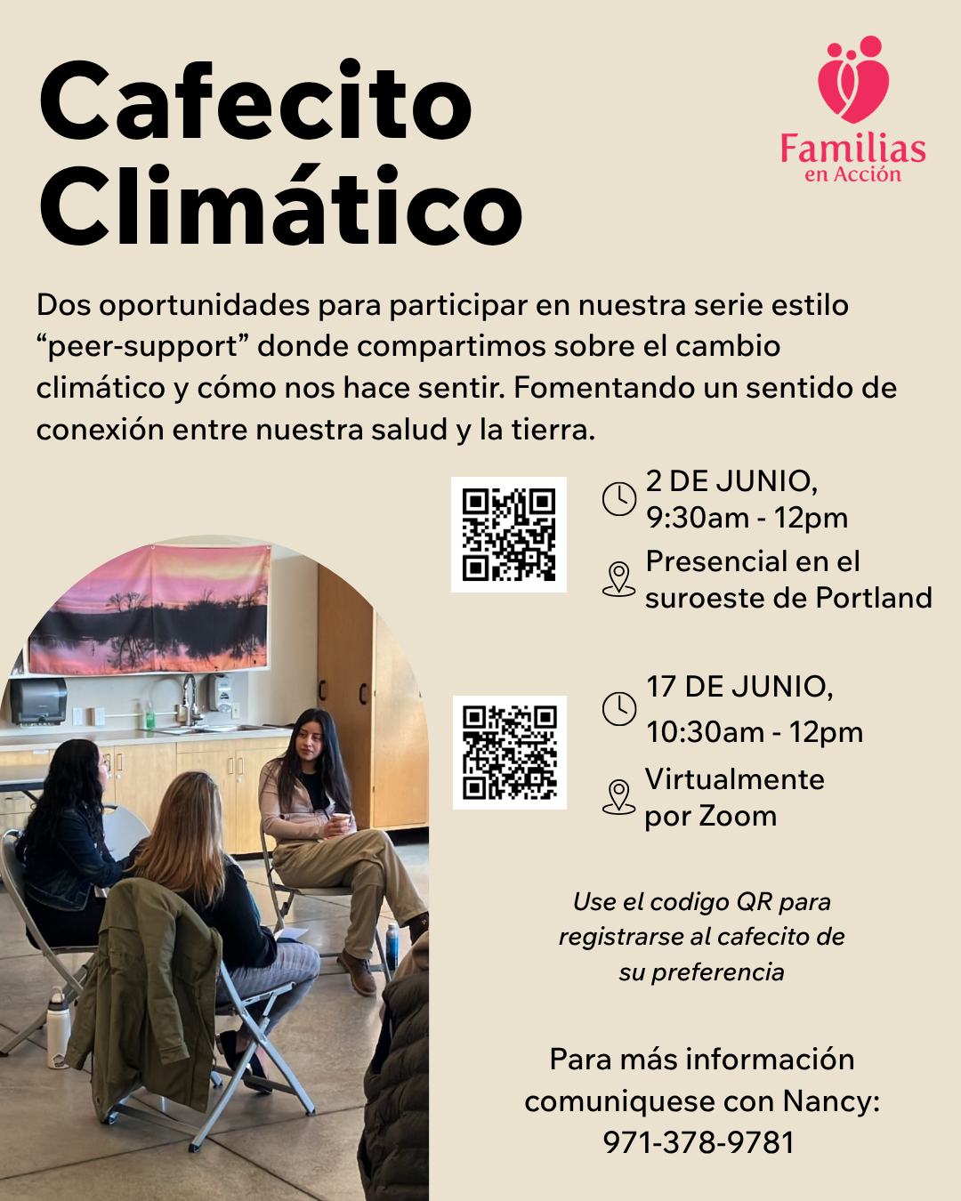 Únete a nuestro Programa de Salud y Clima e inscríbete en uno de nuestros Cafecitos Climáticos, ahora con una opción virtual disponible. Durante estos Cafecitos, creamos un espacio para compartir cómo nos sentimos ante el cambio climático.
Fechas:
Martes 2 de junio, de 9:30 a 12:00pm, presencial
Jueves 17 de junio, de 10:30 a 12:00pm, virtual por Zoom
Para más información, por favor comunícate con Nancy, 971-378-9781.