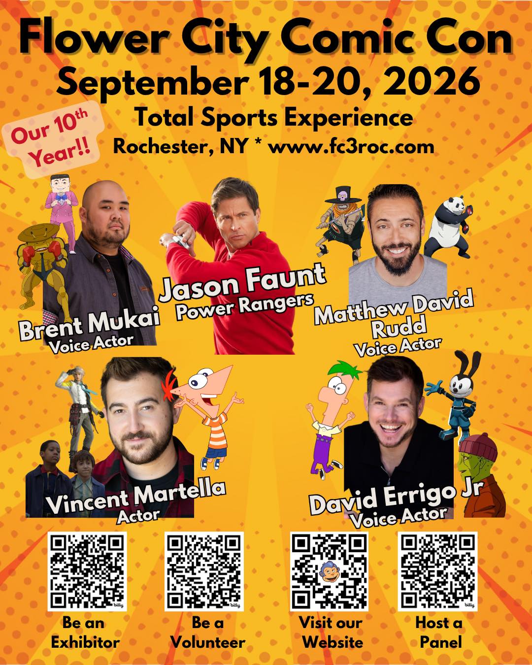 Join us for our 10th year of amazing guests, cosplay, and excitement! We are bringing you more of everything you love about Flower City Comic Con! Power Ranger Jason Faunt. Voice actors Brent Mukai and Matthew David Rudd. Phineas and Ferb voice actors Vincent Martella and David Errigo jr! We can’t wait to see you in September! brentmukai errigovoice jasonfaunt matthewdavidrudd thevincentmartella #jasonfaunt #fc3