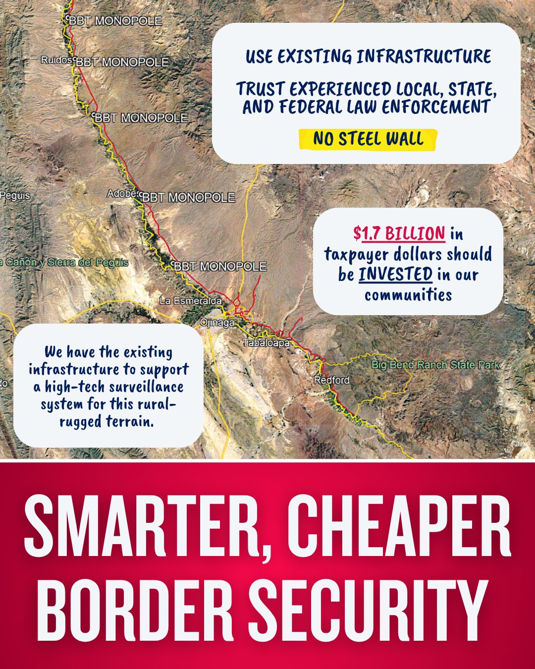 If the federal government is serious about efficiency and fiscal responsibility, billions in shady contracts wouldn’t be awarded for border wall construction in Texas’ most remote and isolated region.
Like the vast majority, I believe we need a safe and secure border. We have the existing infrastructure to support high-tech surveillance technology across the Far West Texas border region north of Redford – without the hundreds of miles of steel wall that will cut across ranches and homes.
Politics has become theatrical and ignores practical policy solutions in favor of camera time. We need leadership and representation in Congress who will fight for our region and our communities.