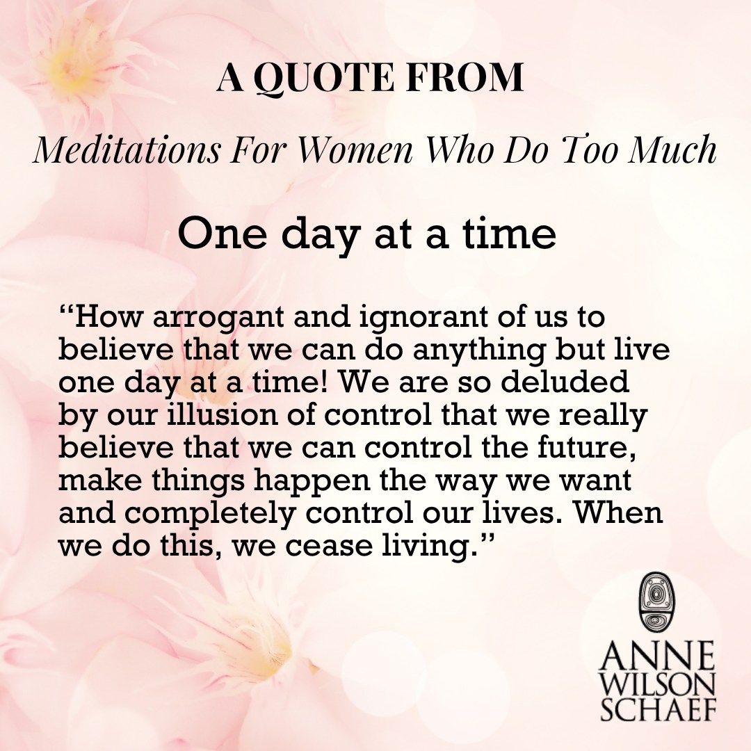 “How arrogant and ignorant of us to believe that we can do anything but live one day at a time! We are so deluded by our illusion of control that we really believe that we can control the future, make things happen the way we want and completely control our lives. When we do this, we cease living.” #onedayatatime #illusionofcontrol #recovery #livinginprogress