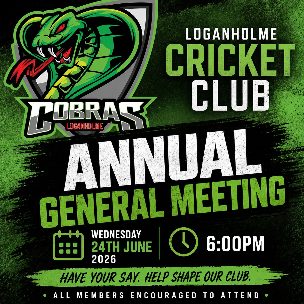 📣 Loganholme Cricket Club Annual General Meeting 2026
Come and have your say on the future of the club!
Committee positions available and volunteers wanted. Our club has grown exponentially and we need more hands on deck to ensure that the strong growth we have experienced over the past few years continues on into 2027 and beyond!
📅 24th June 2026
⏱️ 6pm
📍 108 Tansey Dr, Tanah Merah
STANDING COMMITTEE
President - Scott Rice
Vice President/Senior Co-ordinator - Matthew Hall
Secretary/Grants Office - Kate McKinlay
Treasurer - Scott Fletcher
Junior Co-ordinator - Wayne Fisher
Media Co-ordinator - Lee Knutsen
Female Cricket Delegate - Bianca Mays
POSITIONS VACANT
Events Co-ordinator
Abstracts
Assistant Junior Delegates
Bar Manager/Staff
Junior Coaches & Scorers
Please save the date. Nomination form will be made available soon, pls email any queries to loganholmecricketclub@gmail.com
Thanks
LHCC