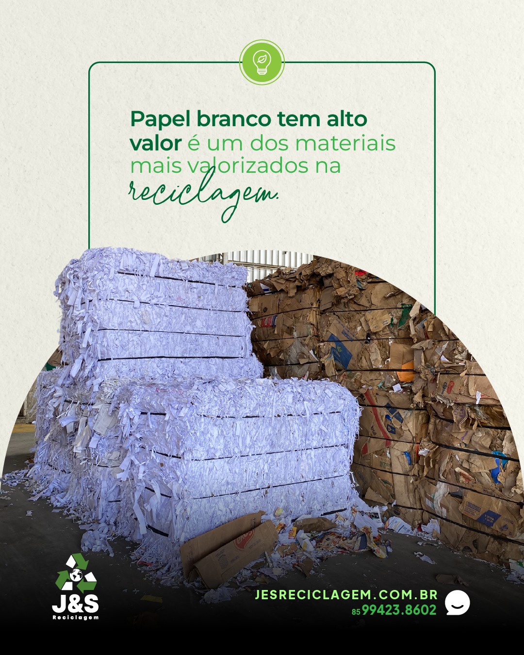 Você sabia que o papel branco é um dos materiais mais valorizados na reciclagem? ♻️
Folhas de impressão, sobras gráficas e documentos podem gerar lucro quando separados corretamente.
Na J&S Reciclagem, compramos aparas brancas com avaliação justa e atendimento rápido.
Fale com nossa equipe e saiba mais!
🌐 www.jesreciclagem.com.br
📞 85 99423-8602
#PapelBranco #ReciclagemDePapel #Aparas
