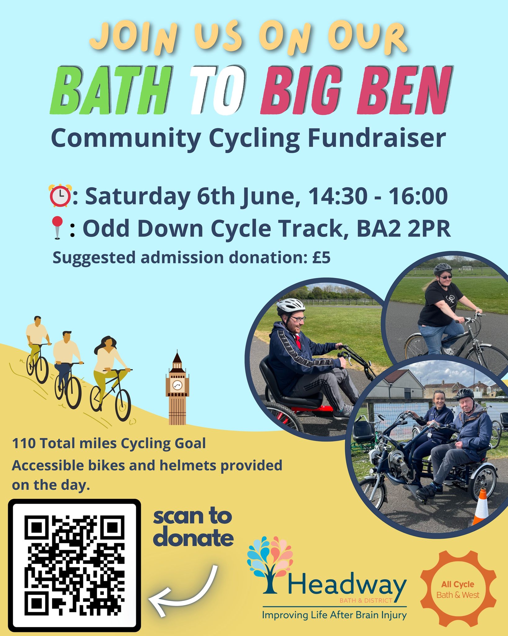 🚴♂️ Join us for our Bath to Big Ben Community Cycling Fundraiser!
We’re excited to be hosting a fun and inclusive cycling fundraiser at Odd Down Cycle Track in support of Headway Bath & District.
📅 Saturday 6th June
⏰ 2:30pm - 4:00pm
📍 Odd Down Cycle Track, BA2 2PR
💙 Suggested admission donation: £5
Together, we’ll be aiming to collectively cycle 110 miles - the distance from Bath to Big Ben!
Accessible bikes and helmets will be provided on the day, so people of different abilities can get involved. This is a community event open to everyone - not just Headway clients. Families, carers, supporters and members of the local community are all very welcome to come along, take part and enjoy the afternoon.
Every donation helps us continue supporting adults living with acquired brain injury across Bath and the surrounding area:
https://www.justgiving.com/campaign/headwaybathcyclingevent
Alternatively please use the QR code in the poster to donate!
We’d love to see you there!
#HeadwayBath #BathToBigBen #CommunityCycling #FundraisingEvent #BathEvents #AccessibleCycling #BrainInjurySupport #CommunitySupport #HeadwayUK