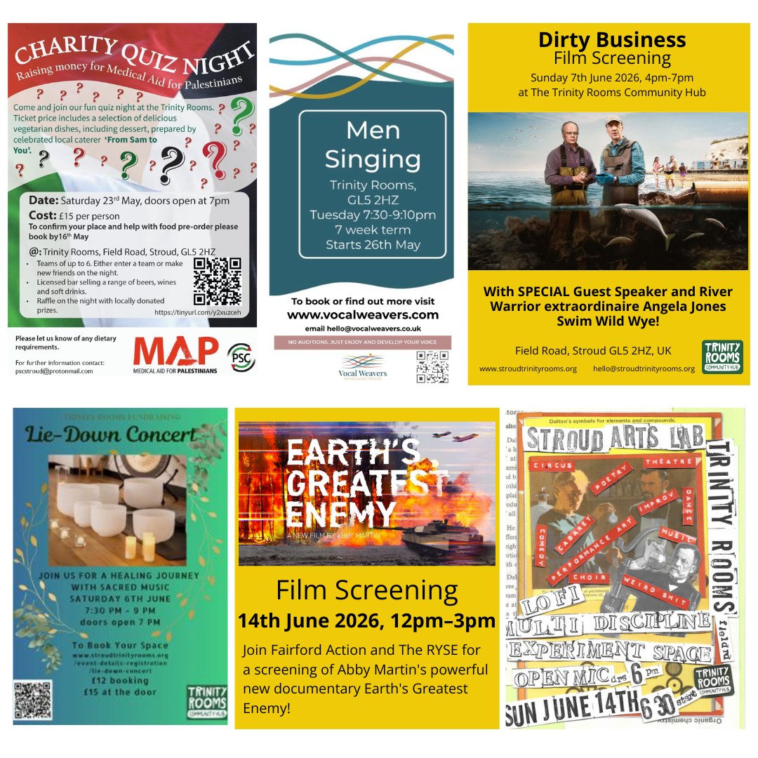 Spotlight on just six of the many wonderful events happening at our Trinity Rooms Community Hub In Stroud - with so much more also coming up, discover all we have to offer on our website via the links at: linktr.ee/trinity.rooms
#Stroud #Events #WhatsOn #SupportingLocal #Wellbeing #Painswick #Creativity #ConnectingPeople #QuizNight #Singing #Community #Arts #FilmScreening #Nailsworth #Meditation #ClimateAction #Gloucestershire