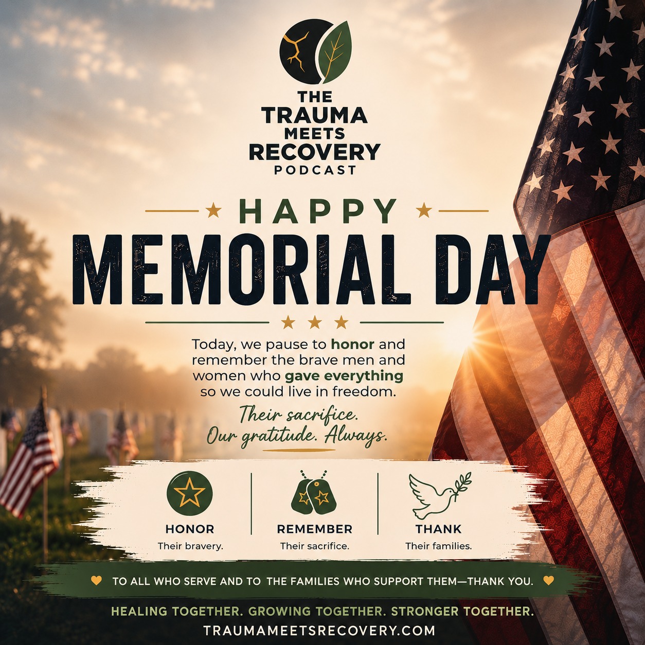 This Memorial Day, we pause to honor and remember the brave men and women who gave everything for our freedom. 🇺🇸
Today we reflect with gratitude, remembrance, and respect for the sacrifices made by so many and the families who carry their legacy forward.
#MemorialDay #HonorAndRemember #TraumaMeetsRecovery #RememberTheFallen #MilitaryFamilies #HealingTogether #MentalHealthAwareness #Patriotic #NeverForgotten #FreedomIsNotFree #HonorSacrifice #CommunityHealing #ptsdawareness
