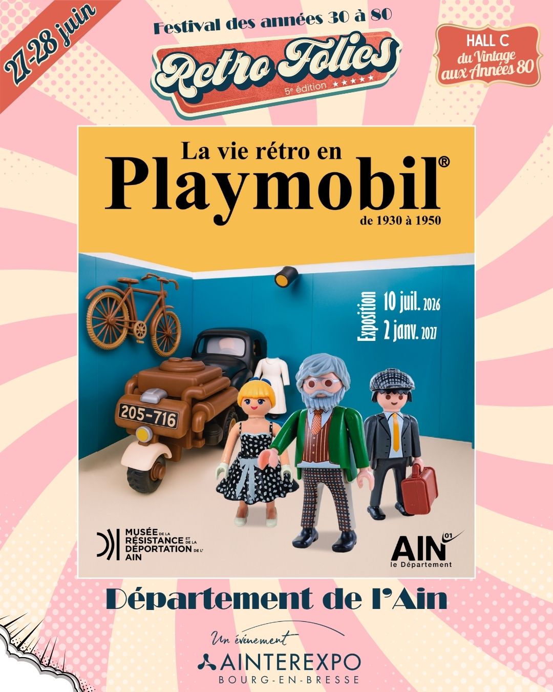 Pendant Retro Folies, le @ain.le.departement vous réserve une exposition et des animations pour petits et grands !
Au programme :
🧸 univers Playmobil : découvrez « La vie rétro en Playmobil, de 1930 à 1950 »
🎨 coloriages et animations pour les enfants
🎲 cadeaux et surprises
Un espace convivial à partager en famille, entre deux concerts, une session danse ou une balade au village boutiques vintage du festival ❤️
Parce qu’à Retro Folies, les souvenirs se vivent à tous les âges ✨
Vous avez votre billet ?
Ainterexpo, Bourg-en-Bresse
🎫 Pass prévente ici > bit.ly/RetroFolies26
#RetroFolies #DepartementdelAin #Animation #RoueDeLaFortune #Famille #Playmobil #Coloriage #Festival #BourgenBresse #VintageVibes