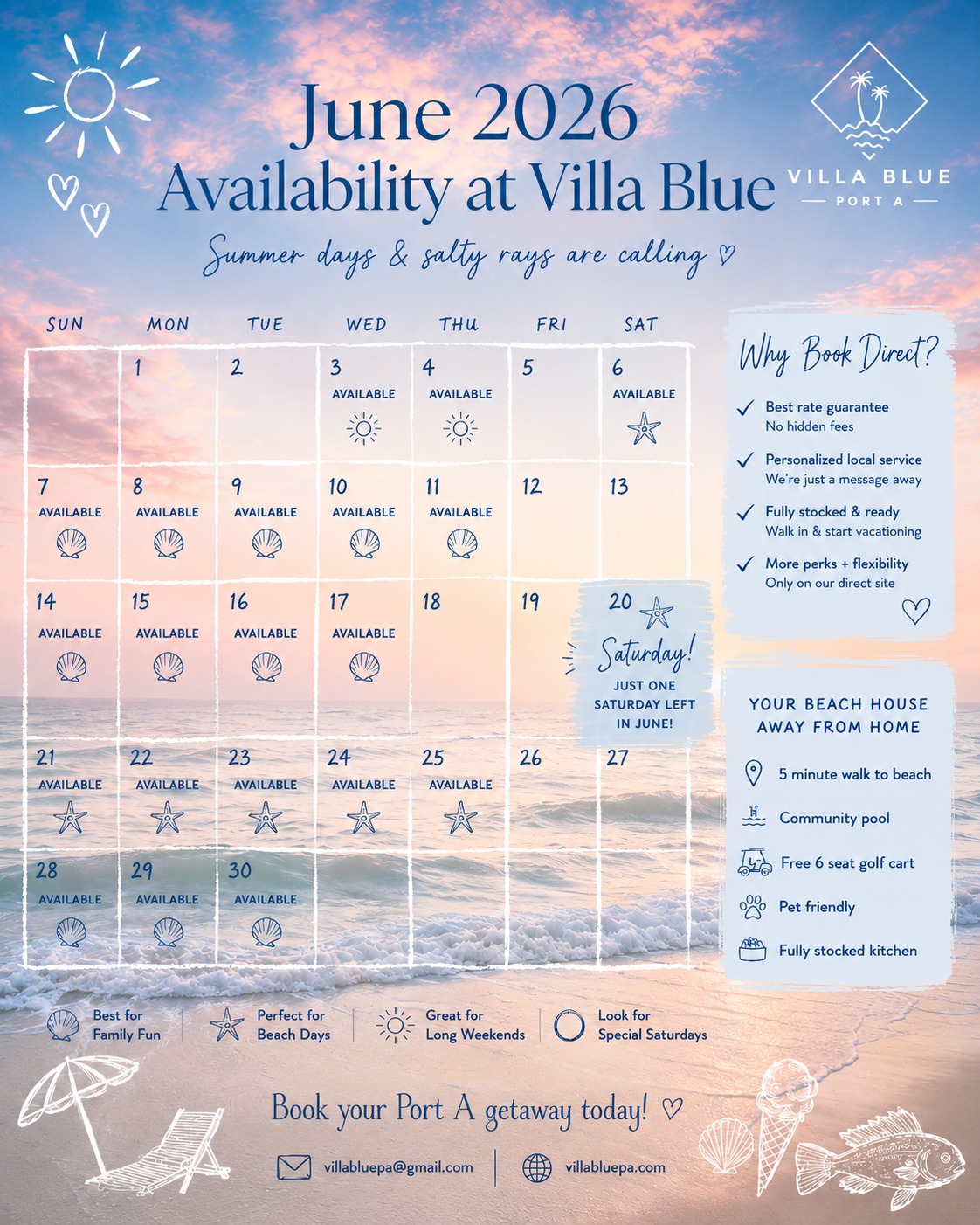Still dreaming about a beach trip this June? We’ve got a few great dates left at Villa Blue. 🌊
Whether you’re planning a family getaway, a fishing trip, or just a few days to slow down, June is one of our favorite times to be in Port A.
June availability:
June 3–4
June 7–11
June 14–17
June 20–25
June 28–30
⭐ June 20 is the only Saturday we still have available.
What’s included with every stay:
• Free 6-seater golf cart
• Community pool steps from the house
• Sleeps 12 with two king bedrooms
• Dog friendly
• Fully stocked kitchen
• Beach towels, chairs, toys, and coolers
And when you book direct, you’ll get our best rate and always direct communication with us from booking to check-out.
Ready to kick off summer in Port Aransas?
🌐 villabluepa.com
📧 villabluepa@gmail.com