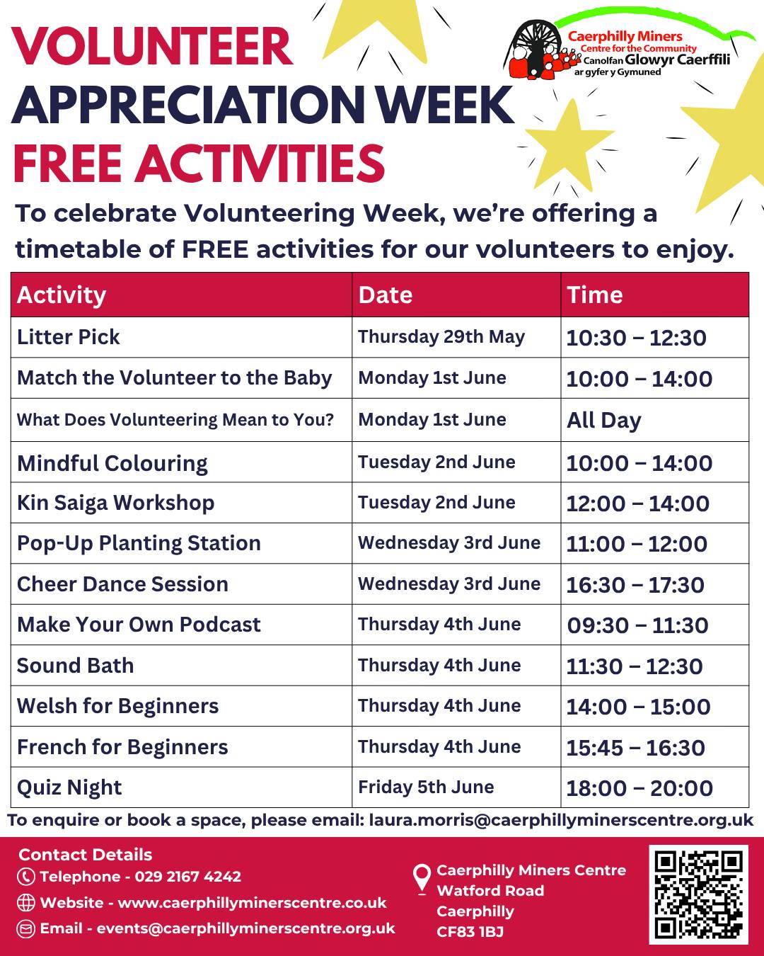 🎉 To celebrate Volunteers’ Week, we’re delighted to offer a special timetable of FREE activities for our volunteers to enjoy as a thank you 💛🙌
🎉 I ddathlu Wythnos Gwirfoddolwyr, rydym yn falch o gynnig amserlen arbennig o weithgareddau AM DDIM i’n gwirfoddolwyr eu mwynhau fel diolch 💛🙌