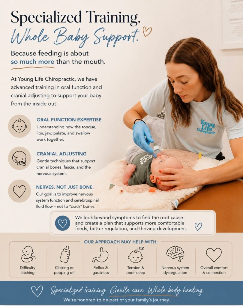 Feeding is about more than the mouth. 👶🧠✨
Our team has advanced training in oral function, cranial adjusting, and nervous system support to help babies thrive from the inside out. Gentle care. Whole body support. 🤍
#InfantChiropractic #OralFunction #CranialAdjusting #TongueTieSupport #PediatricChiropractic #YoungLifeChiropractice