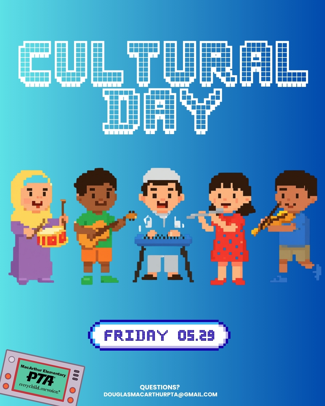 Final Cultural Day of the School Year — Let’s Finish Strong, Eagles! One last chance this school year to celebrate the traditions, cultures, and stories that make our Eagle community so vibrant and unique 💙🌸
📅 Friday, May 29
🌎 Cultural Day Celebration
👕 Students are invited to wear clothing or accessories that represent their culture, heritage, or family traditions
🦅 Uniforms are always welcome — participation is optional
✨ All outfits must follow LBUSD + MacArthur dress code guidelines
👉 Let’s fill campus with color, pride, and community as we celebrate the many backgrounds that make MacArthur special
#GameOnMacArthur #MacArthurPTA #CulturalDay #CelebrateDiversity #SchoolSpirit #EaglePride #MacArthurElementary #SchoolCommunity #StrongerTogether