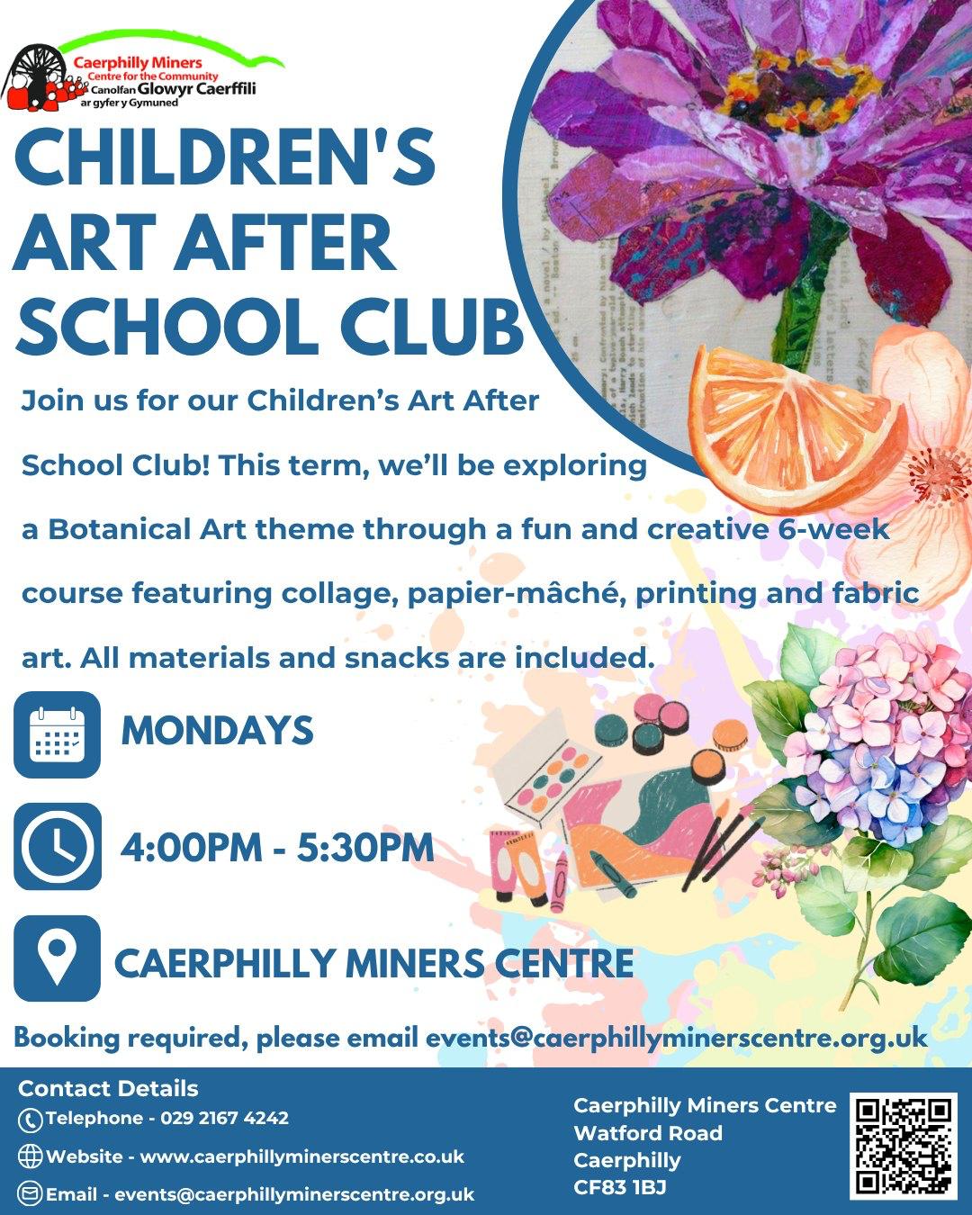Join us this summer term for a 6-week Children’s Art After School Club exploring botanical art through collage, papier-mâché, printing and fabric work. 🌿🎨
📅 Club returns Monday 1st June
💷 £30 for the full term
🍎 All materials and snacks included
Please book via Eventbrite:
https://www.eventbrite.co.uk/e/childrens-art-after-school-club-botanical-art-tickets-1989756310688?aff=oddtdtcreator
Cash payment is also available on site.
Ymunwch â ni tymor yr haf hwn ar gyfer Clwb Celf Ar ôl Ysgol i Blant 6 wythnos o hyd yn archwilio celf fotanegol trwy gollage, papier-mâché, argraffu a gwaith ffabrig. 🌿🎨
📅 Mae'r clwb yn dychwelyd ddydd Llun 1af Mehefin
💷 £30 am y tymor llawn
🍎 Pob deunydd a byrbryd wedi'u cynnwys
Archebwch drwy Eventbrite:
https://www.eventbrite.co.uk/e/childrens-art-after-school-club-botanical-art-tickets-1989756310688?aff=oddtdtcreator
Mae taliad arian parod hefyd ar gael ar y safle.
Am ymholiadau cysylltwch â: events@caerphillyminerscentre.org.uk
For enquiries please contact:events@caerphillyminerscentre.org.uk