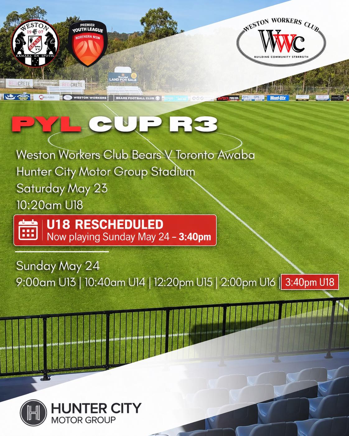 ⚠️U18’s PYL CUP MATCH⚠️
Due to the recent rain and to help preserve the condition of our pitch for today’s seniors fixtures, the U18’s PYL Cup match has been rescheduled to tomorrow, Sunday May 24 at 3:40pm. 🐻
We appreciate everyone’s understanding and look forward to seeing the boys back out there tomorrow. 🖤🤍