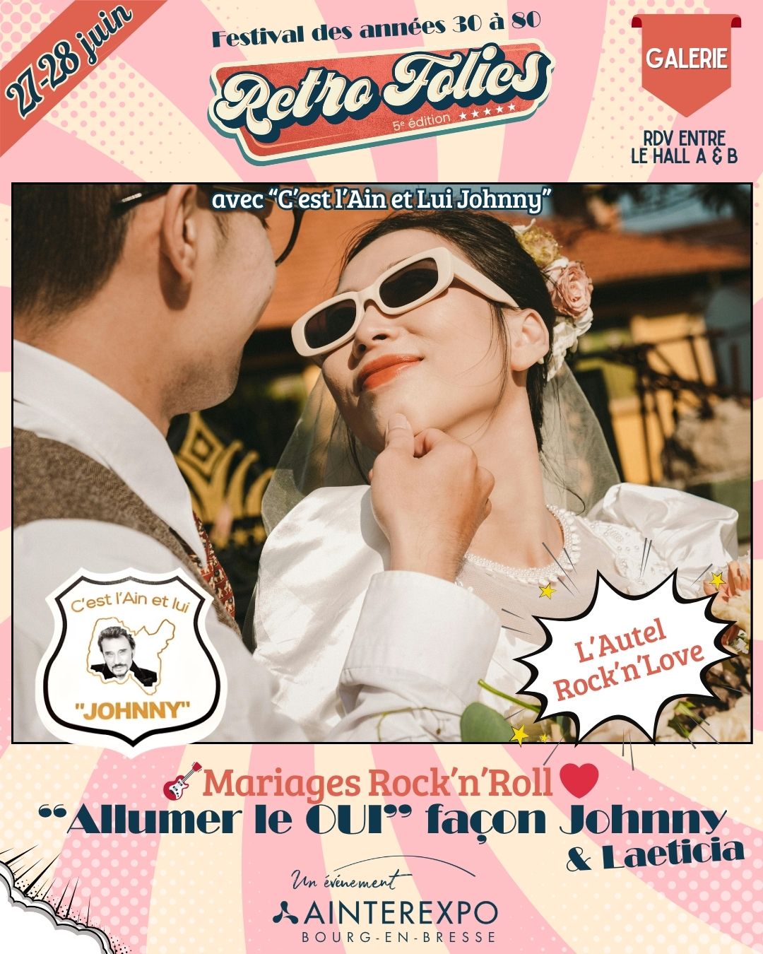 📻✨ Certaines chansons suffisent à faire revenir instantanément des souvenirs…
Mariez-vous avec Johnny et Laeticia Hallyday comme témoins (pour de faux mais si c’était vrai) !
Ils ont tout organisé pour vous faire vivre la plus belle des unions.
🪩 Première escale : un espace rempli de surprises et de goodies pour repartir avec un petit bout du festival ✨
💃 Puis place à la danse !
Disco, ambiance mariage d’autrefois, tubes incontournables en toile de fond…
Le genre de moments où l’on finit par chanter et danser avec des inconnus comme avec de vieux amis 🎤🕺
🎬 Enfin, direction l’espace exposition :
une immersion dans la vie de Johnny, entre images rétro, souvenirs cultes et projection à l’ancienne 📽️🔥
📍 Samedi 27 et Dimanche 28 juin | Dans la Galerie entre le Hall A et B
Ainterexpo, Bourg-en-Bresse
🎫 Réservation des préventes ici > bit.ly/RetroFolies26
Avec l’association cestlainetluijohnny
#RetroFolies #RetroFolies2026 #Ainterexpo #BourgenBresse
#Mariage #JohnnyHallyday #Disco #Vintage #Annees80 #Nostalgie #FestivalRetro #BourgenBresse #DanceFloor #GoodVibes #RetroVibes