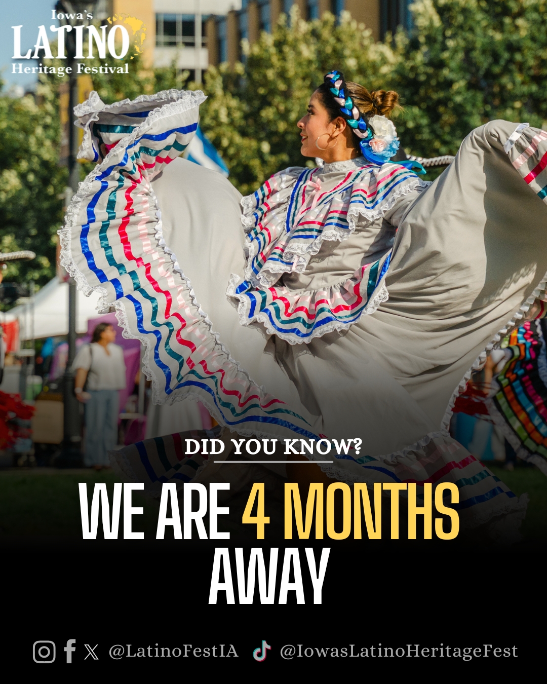 We are just 4 months away from the amazing Iowa's Latino Heritage Festival!
๐ Date:
Saturday, September 26 from 10 a.m. to 11 p.m.
Sunday, September 27 from 10 a.m. to 6 pm.
๐ Place:
Western Gateway Park in downtown Des Moines
๐ FREE Parking:
Free parking is available courtesy of Nationwide at the Nationwide ramp at 1100 Walnut Street.
๐๏ธ Ticket price:
$5 for adults and FREE for children under 12
#IowaFestivals #FestivalLatino #DESMOINES #Iowa #DSM #local #hispanic #festival