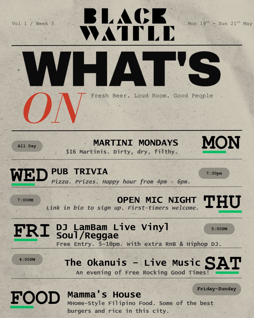 Fresh beer, loud room, good people. Vol 1 // Week 3 is locked in and looking massive. 🔥
Here is what we have lined up for you this week:
🍸 MON: Martini Mondays — All day. $16 martinis served just the way you like them. Dirty, dry, or filthy.
🧠 WED: Pub Trivia (7:30pm) — Round up the crew for pizza, prizes, and glory. Happy hour runs 4pm–6pm to get the brain juices flowing.
🎤 THU: Open Mic Night (7:00pm) — First-timers and seasoned pros welcome. Want to take the stage? Hit the link in our bio to sign up!
🎧 FRI: DJ LamBam Live Vinyl Soul/Reggae (5:00pm–10:00pm) — Free entry, massive vibes, plus an extra RnB & Hip Hop DJ keeping the party going.
🎸 SAT: The Okanuis Live (4:00pm) — An evening of free, rocking good times.
🍔 FOOD (Fri–Sun): Mamma’s House is taking over the kitchen with home-style Filipino food. Trust us, these are some of the best burgers and rice dishes in the city.
Which night are we seeing you? Grab your mates and lock in your plans. 🍻 👇
.
.
.
#brewery #sydneybrewery #beer #alexandria #breweryalexandria #breweryaustralia #independentbrewer #localbrewery #pub #alexandriapub #sydney #sydnepub #sydneybeer #beer #localbeer #livemusicsydney #livemusic #sydneytrivia #openmicsydney #filipinofood #sydneyfoodie