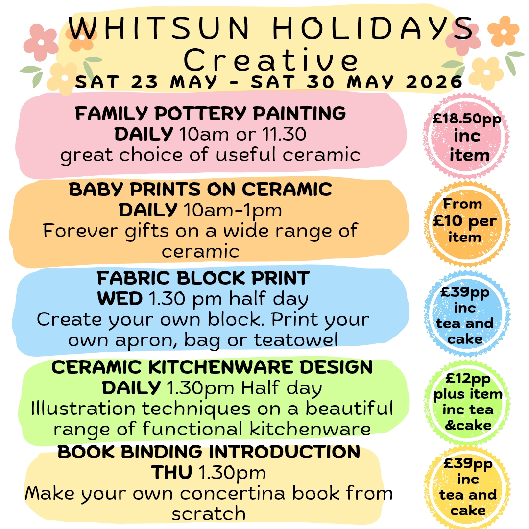 ☀️My goodness, it is Whitsun holidays again! We have a great selection of creative workshops for you and your friends and family to join in.
We think one of the best ways to reconnect with yourself is to get creative, have some low-tech time and have plenty of tea and cake! 🍰
We totally believe that everyone can do art and our professional illustrators will guide you.
We have a brand new super-large kiln, so we are back on track! Hurrah!! 🎉
We also have a great range of extra sessions in the evenings and our amazing living history talk.
Looking forward to seeing you all soon!
Love, Clair, Nay, Sarah, Daisy and the gals.
#MayHalfTerm #SummerActivities #HistoryTalk #CreativeSessions