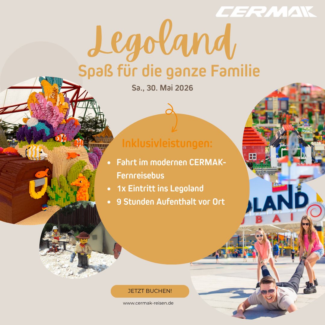 🌟 Familienabenteuer voraus! 🌟
Am 30. Mai 2026 geht’s gemeinsam ins LEGOLAND® 🎢🧱
Ein perfekter Tagesausflug für Groß & Klein – voller Spaß, Action und unvergesslicher Momente! 👨👩👧👦✨
✅ Fahrt im modernen CERMAK-Fernreisebus
✅ Eintritt ins LEGOLAND® inklusive
✅ 9 Stunden Aufenthalt vor Ort
Jetzt Plätze sichern und einen magischen Tag mit der ganzen Familie erleben! 🎠💛
📍 Sa., 30.05.2026
🌐 www.cermak-reisen.de
#Legoland #Familienausflug #CermakReisen #Freizeitpark #FamilyTime #Ausflug #ReisenMitKindern #Tagesfahrt #Familienzeit #LegolandDeutschland