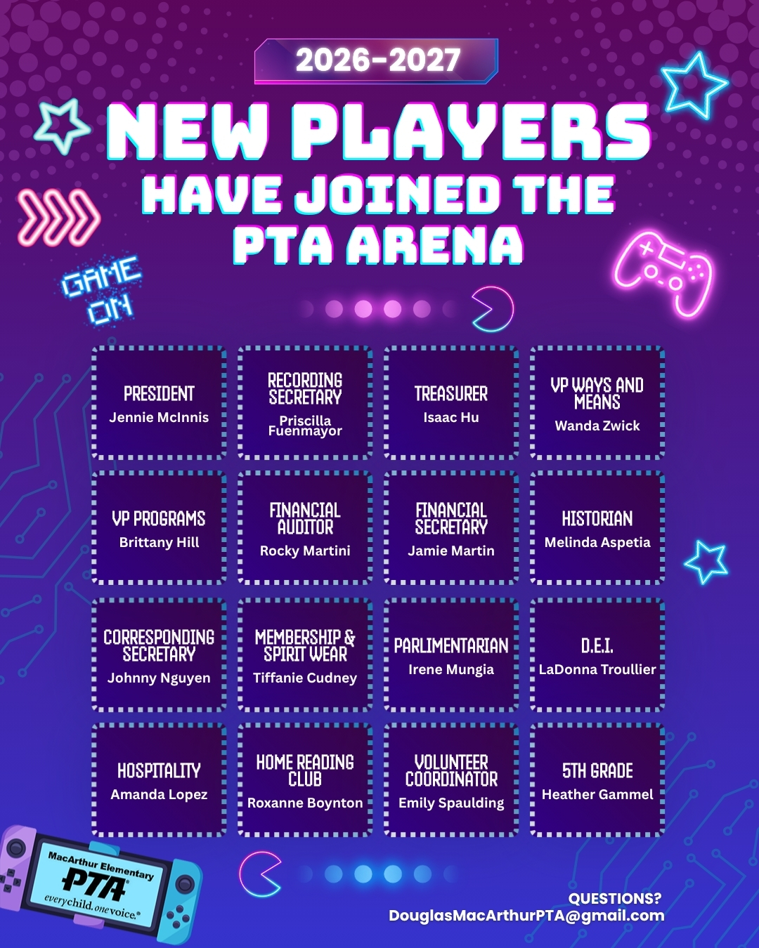 New players. New quests. Same Eagle spirit: Your PTA Board 2026–27!
Please help us give a HUGE welcome to the incredible team helping lead MacArthur PTA for the 2026–27 school year 💙
👑 President — Jennie McInnis
🎨 VP Programs — Brittany Hill
💰 VP Ways & Means — Wanda Zwick
💵 Treasurer — Isaac Hu
📒 Financial Secretary — Jamie Martin
📝 Recording Secretary — Priscilla Fuenmayor
📬 Corresponding Secretary — Johnny Nguyen
📜 Parliamentarian — Irene Mungia
🔍 Auditor — Rocky Martini
📸 Historian — Melinda Aspetia
💳 Membership Chair — Tiffanie Cudney
🍎 Hospitality Chair — Amanda Lopez
🙌 Volunteer Coordinator — Emily Spaulding
📚 Home Reading Club Chair — Roxanne Boynton
🌎 DEI Chair — LaDonna Troullier
🎓 5th Grade Chair — Heather Gammel
This squad helps bring our events, programs, celebrations, and community moments to life — and we’re excited for all the memories ahead.
Let’s make 2026–27 unforgettable.
#GameOnMacArthur #MacArthurPTA #PTABoard #SchoolCommunity #EaglePride #MacArthurElementary #FamilyEngagement #PTALeadership
