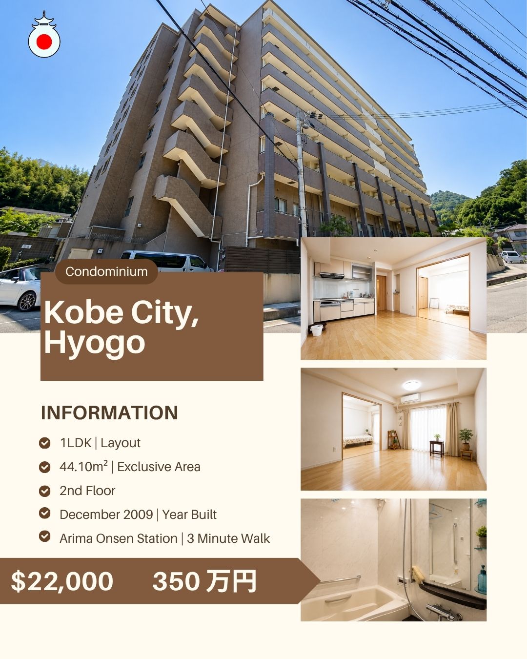 For Sale: 1LDK Condo in Kobe City, Hyogo 🏙️
Kita Ward
💰 Price: 3,500,000円 (Approx. $22,000 USD)
📐 Size: 44.10m²
🏢 Floor: 2nd out of 8 floors
🛠️ Built: December 2009
💳 Monthly Fees: ¥38,000 Management + ¥11,100 Repair
🚉 Access: Arima Onsen Station | 3 Minute Walk
For full details and personalized guidance, click the link in the bio or message us directly. We’ll be happy to provide all the info you need 🔑
https://www.omoroiosaka.com/ #715 Week 89 Showcase
--------
Note:
Prices are based on exchange rates at the time of posting and may vary. Availability is not guaranteed and may change quickly.
Omoroi Osaka represents buyers and is not the listing broker. This post is for informational purposes only.
📢 Ad/Advertisement – 本投稿は広告です。Omoroi Osakaは元付業者でも宅建業者でもありません。
#KobeCondoForSale
#KobeCityRealEstate
#HyogoProperty
#KobeApartmentForSale
#JapanCondoForSale
#LivingInKobe
#HyogoRealEstate
#KobeInvestmentProperty
#BuyPropertyInJapan
#KobeLuxuryCondo
#omoroiosaka