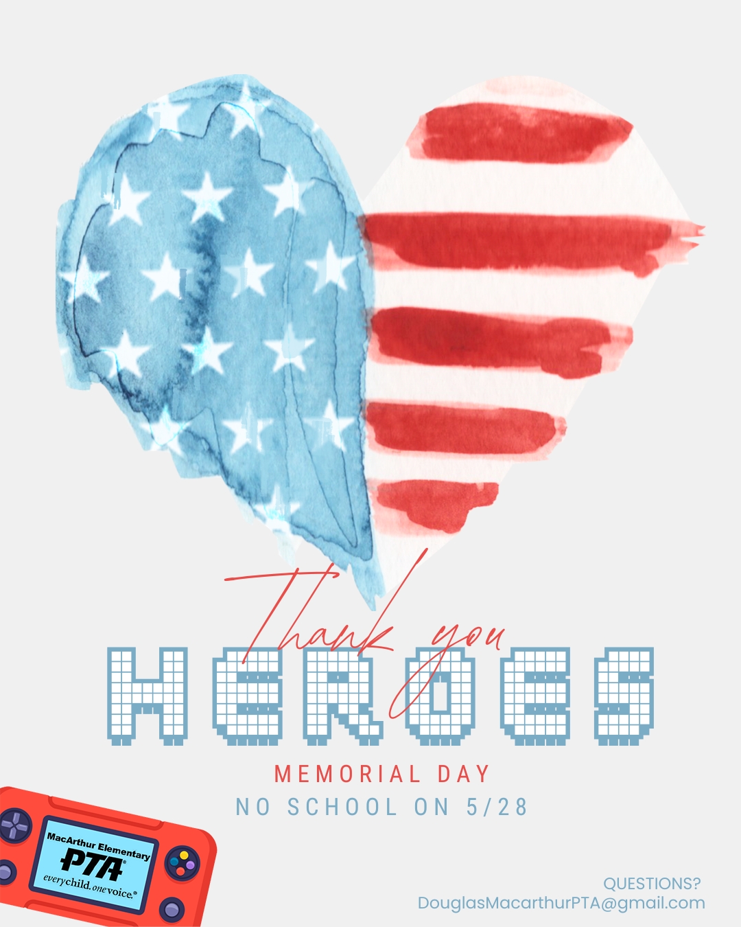 On Memorial Day, we pause to honor and remember the brave men and women who made the ultimate sacrifice in service to our country.
📅 Monday, May 25
🚫 No School
We wish our Eagle families a safe and meaningful holiday as we reflect with gratitude and remembrance.
#MemorialDay #NoSchool #MacArthurElementary #SchoolCommunity #RememberAndHonor