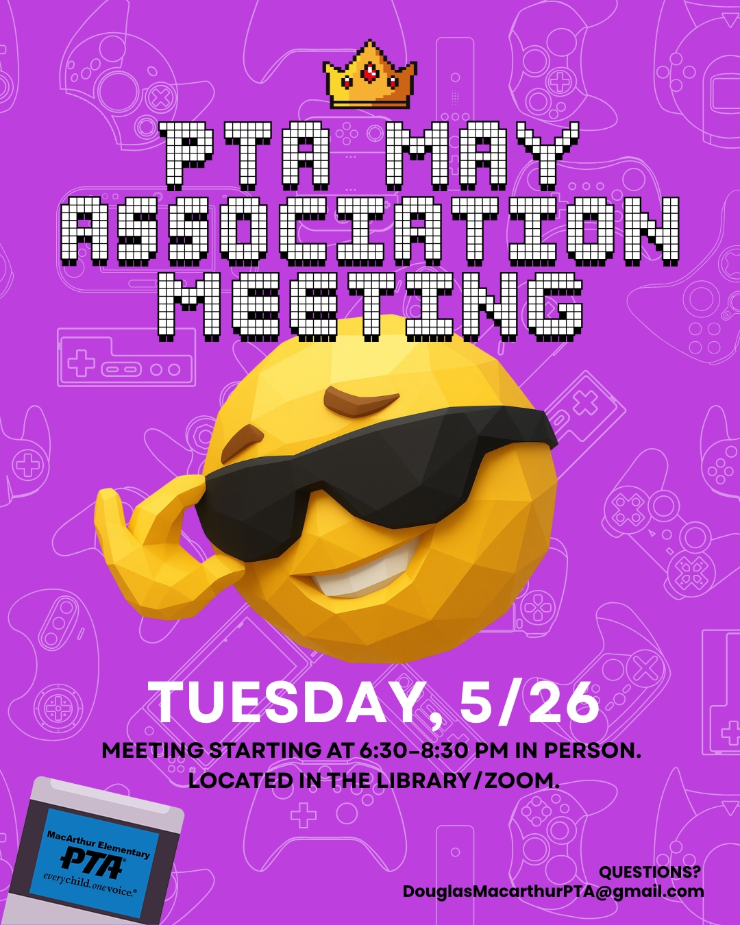 Final PTA Association Meeting: Last Save Point of the School Year! One more meeting before we roll credits on another amazing year at MacArthur PTA 🎬✨
Join us as we wrap up the year, look ahead to what’s next, and celebrate all the incredible things our Eagle community accomplished together.
📅 May 26
⏰ 6:30–8:30 PM
📍 In Person: School Library
💻 Zoom Option Available, link will be added to the bio closer to the meeting date
#GameOnMacArthur #MacArthurPTA #PTAMeeting #SchoolCommunity #EaglePride #MacArthurElementary #FamilyEngagement #PTA