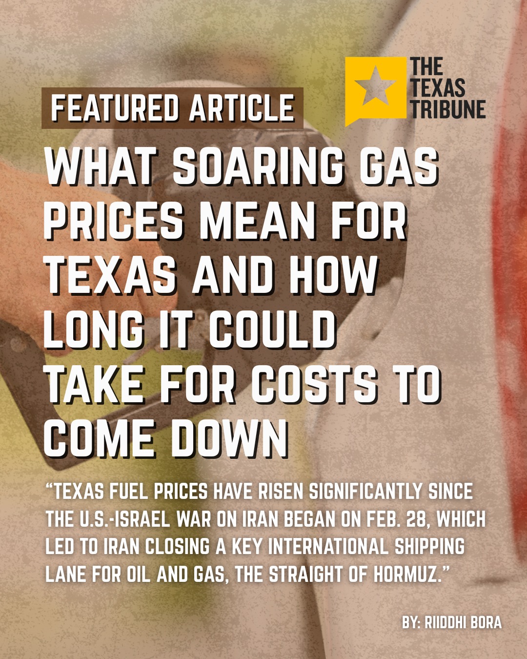 “The average price for a gallon of gas in Texas, which was $2.55 in early February, surged by nearly two dollars to $4.52 on Monday, according to the AAA.”
Texans and voters were rightfully angered by inflation and the cost of living in 2024. Now, Texans are being hit hard by federal policies and this new war with Iran.
Small businesses are being squeezed with the cost of diesel, Texans are being squeezed at the grocery store, and the federal government keeps trying to double down on inflationary policies. Simply, this is not the so-called “golden age” that was promised.
This upcoming midterm election is the time for a course correction. Congress has essentially conceded its constitutional obligation to be one of the three branches of government, leaving every decision to the whim of the Executive Branch. That is a recipe for disaster and must be changed.
https://www.texastribune.org/2026/05/19/texas-gas-prices-explainer-iran-war-strait-hormuz/