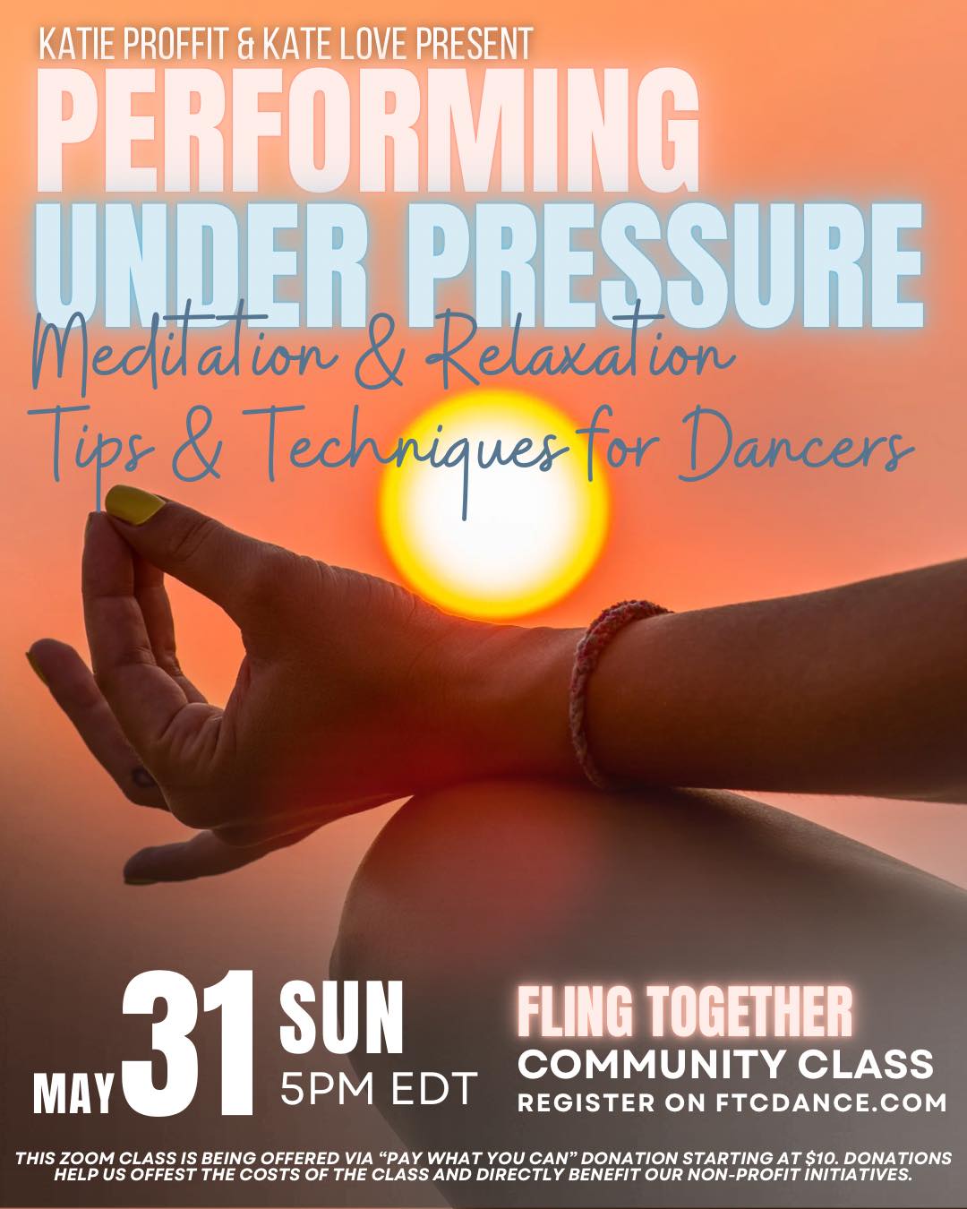 One week until our next community class! π§ Register for the recording and live class π link in bio: https://www.ftcdance.com/performing-under-pressure
Ready to master the mental game? πͺπ§ This session is designed for Highland dancers looking for practical ways to handle performance stress. Along with expert discussion, you'll walk away with custom guided meditations and relaxation techniques. π§ββοΈ We are thrilled to host Katie Proffit of Pressure Pointe Coaching, a former champion and Psychologist, alongside yoga and mindfulness specialist Kate Love. Both presenters share a deep passion for helping dancers navigate the pressures of competition with confidence and ease.
π Learn more & Register here: https://www.ftcdance.com/performing-under-pressure
Live class is at 5pm EDT on 31 May 2026 π₯ Recording available
Class will be on zoom 31st May at 2pm PDT (Vancouver); 3pm MDT (Denver); 4pm CDT (Winnipeg); 5pm EDT (New York); 6pm ADT (Halifax); 6pm GMT-3 (Sao Paulo); 10pm GST (Edinburgh) and on 1st June at 7am AEST (Brisbane); 9am NZST (Wellington).
Check the time in your time zone at worldtimebuddy.com
Fling Together classes are offered via "pay what you can" donation starting at $10. With your donation you can attend the live class and you will receive the recording of the class. Class recordings will be available for 3 months. Donations help us offset the costs of the class and directly benefit our non-profit initiatives.