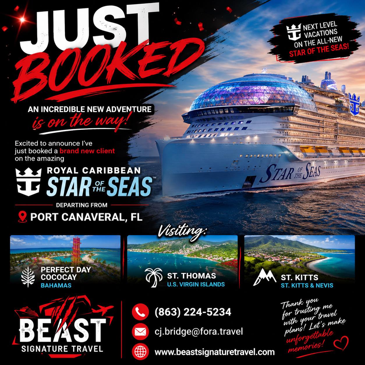A brand new client just got a heck of a deal on this brand new mega ship from Royal Caribbean. We hope you enjoy your cruise.
If you’d like to top off your summer by enjoying one of these Icon Class ships, shoot us a DM.
#justbooked #IconClass #beastsignaturetravel #royalcaribbean #StarOfTheSeas #cruiselife