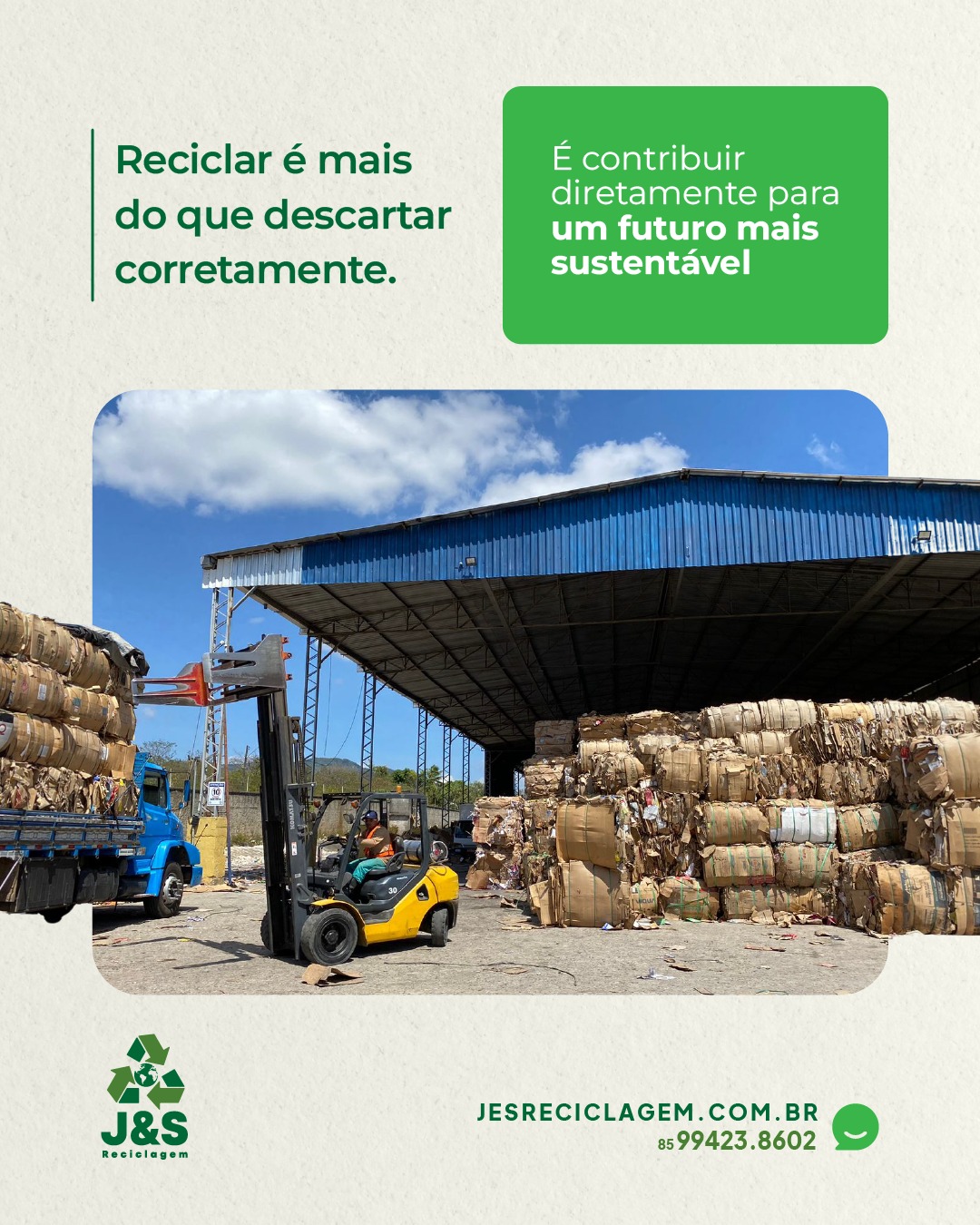 Reciclar é mais do que descartar corretamente — é contribuir diretamente para um futuro mais sustentável 🌱
Ao destinar papel e papelão para reciclagem, sua empresa ajuda a reduzir impactos ambientais e fortalece a economia circular.
Faça parte dessa transformação com a J&S Reciclagem ♻️
🌐 www.jesreciclagem.com.br
📞 85 99423-8602
#Sustentabilidade #EconomiaCircular #Reciclagem