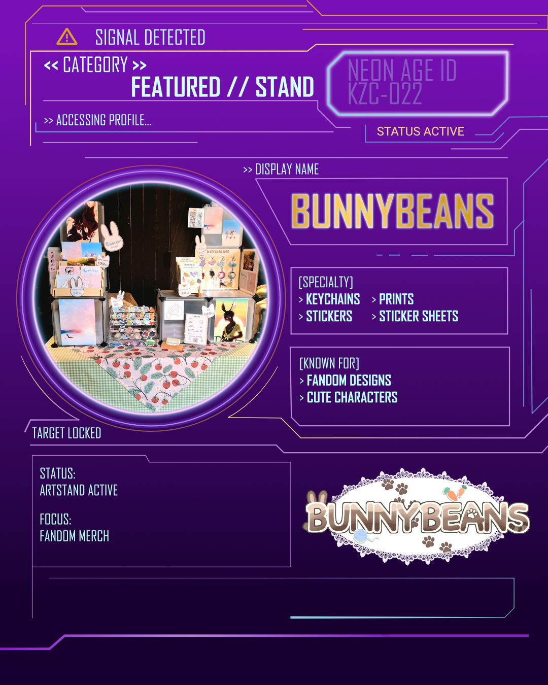 // TRANSMISSION RECEIVED //
>> STAND DROP 3/3 <<
Vendors detected at KAZU HQ.
Sjekk ut enda noen artister som kommer til Kazokucon – Neon Age:
@bunnybeans_social
@_sussinana_
Hvem gleder du deg mest til å besøke?
Billetter finner du i bio